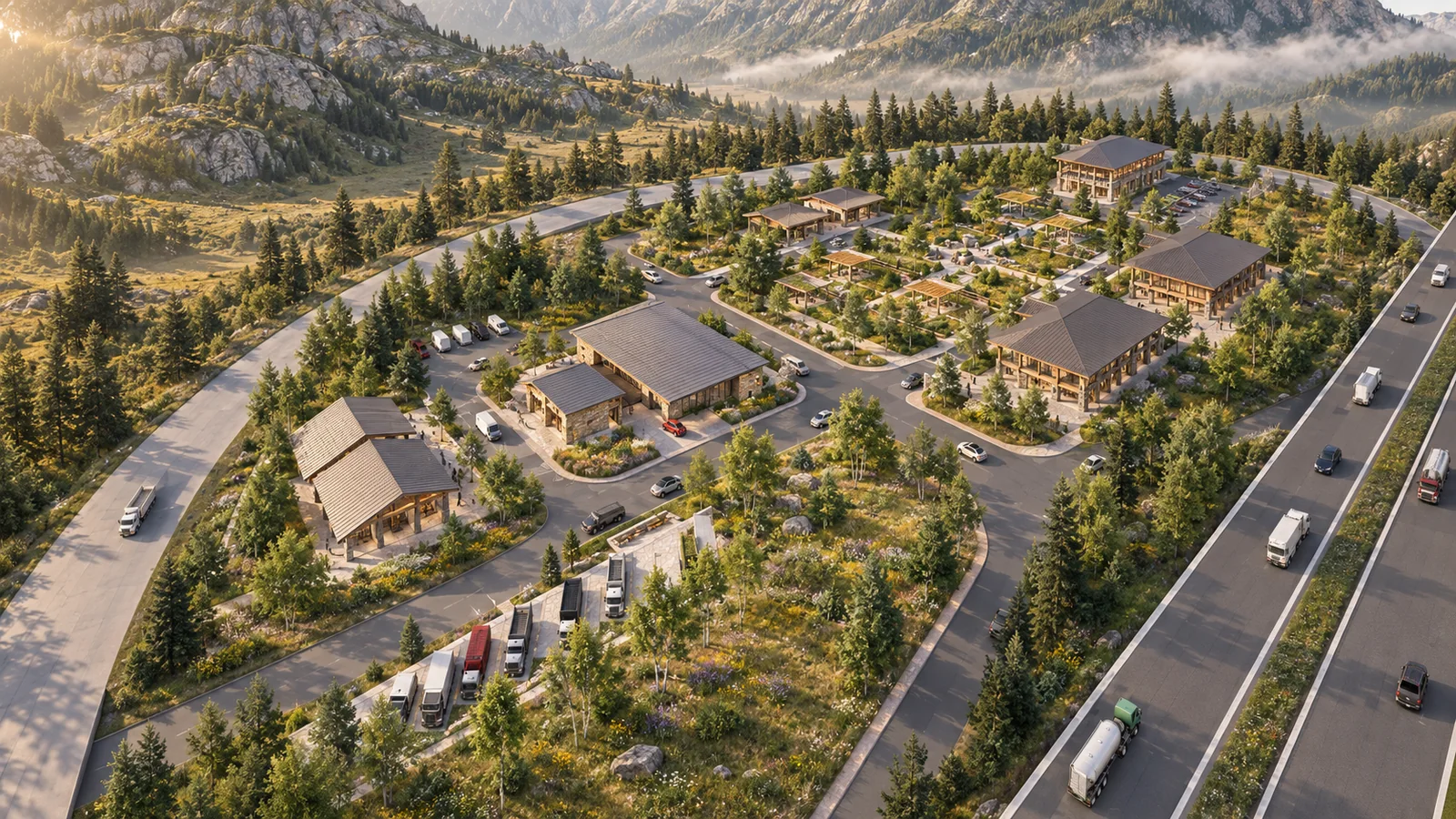 AI reinterpretation of my Way Side Amenities render: timber pavilions and planted courtyards in a mountain landscape.