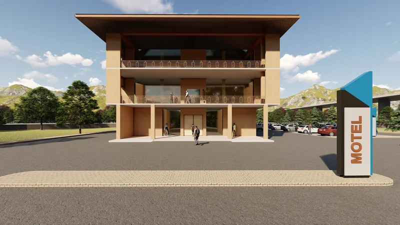 Original architectural render of a motel pavilion from my Way Side Amenities academic archive.